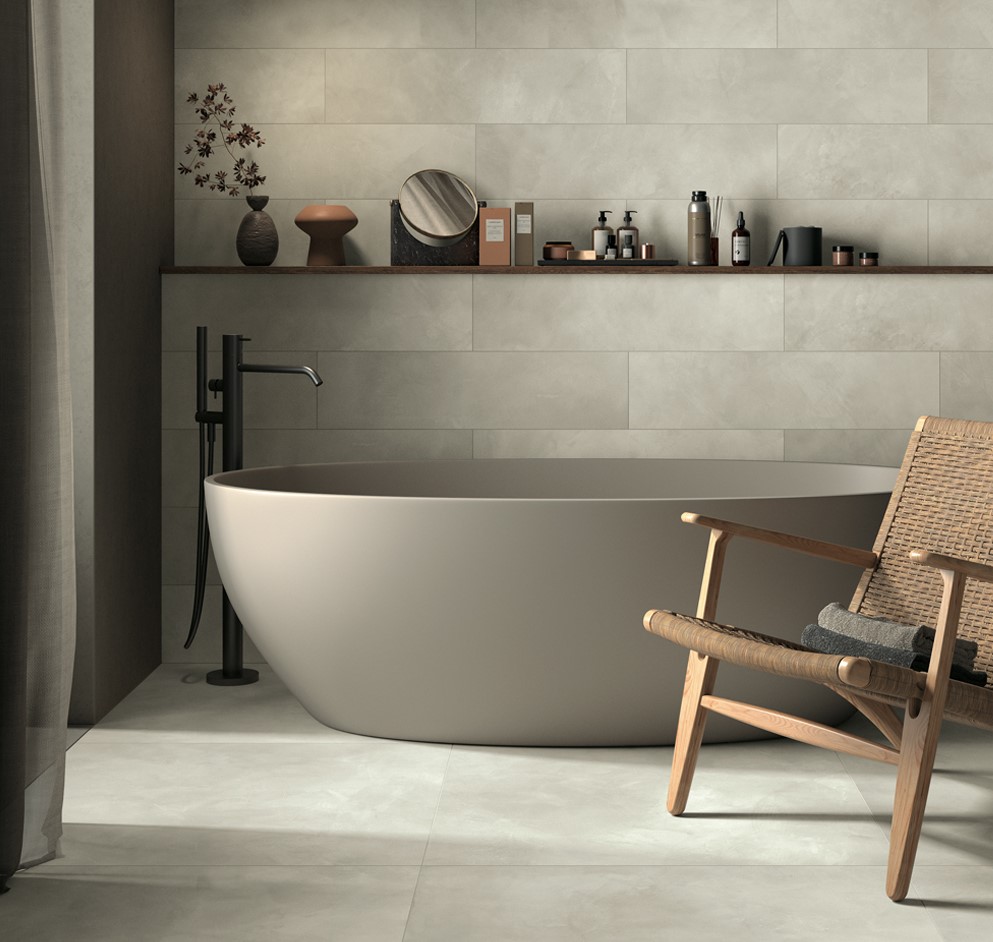 White bathroom design inspiration, clay freestanding bath